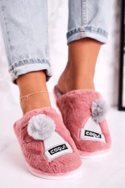 Damskie Futrzane Papcie Z Czapką I Pomponem Pudrowy Róż Keep Warm