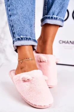 Damskie Futrzane Papcie Z Uszami Jasny Róż Hippo