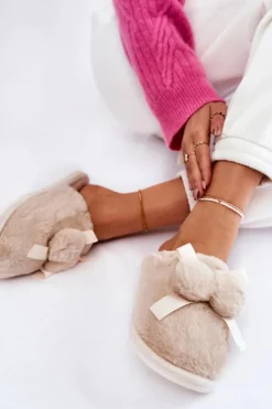 Damskie Futrzane Papcie Z Pomponami Beżowe Castello