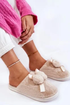 Damskie Futrzane Papcie Z Pomponami Beżowe Castello