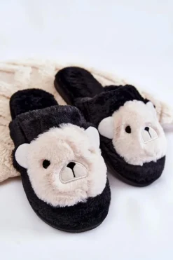 Damskie Futrzane Papcie Z Misiem Czarne Solly