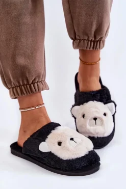 Damskie Futrzane Papcie Z Misiem Czarne Solly