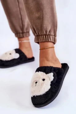 Damskie Futrzane Papcie Z Misiem Czarne Solly