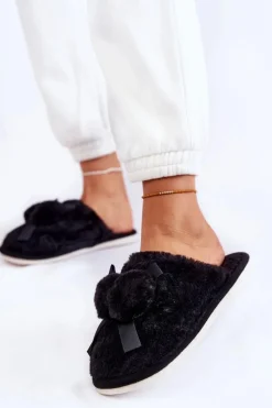 Damskie Futrzane Papcie Z Pomponami Czarne Castello