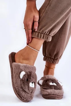 Damskie Futrzane Papcie Z Misiem Brązowe Solly