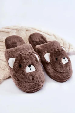 Damskie Futrzane Papcie Z Misiem Brązowe Solly