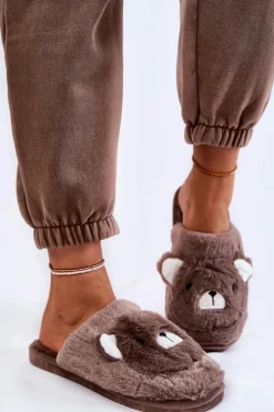 Damskie Futrzane Papcie Z Misiem Brązowe Solly