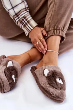 Damskie Futrzane Papcie Z Misiem Brązowe Solly