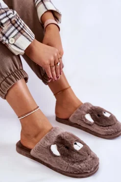 Damskie Futrzane Papcie Z Misiem Brązowe Solly
