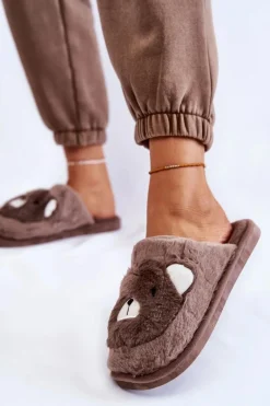 Damskie Futrzane Papcie Z Misiem Brązowe Solly