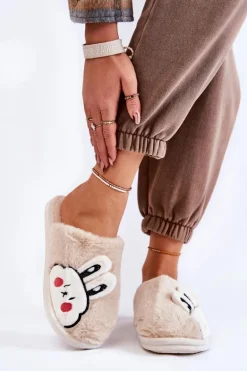 Damskie Futrzane Papcie Z Królikiem Beżowe Trisha