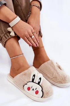 Damskie Futrzane Papcie Z Królikiem Beżowe Trisha