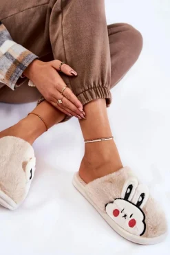 Damskie Futrzane Papcie Z Królikiem Beżowe Trisha