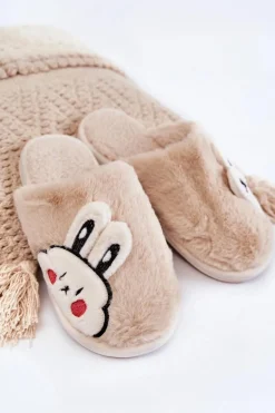 Damskie Futrzane Papcie Z Królikiem Beżowe Trisha