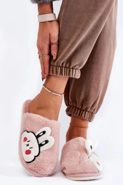 Damskie Futrzane Papcie Z Królikiem Różowe Trisha
