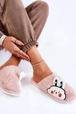 Damskie Futrzane Papcie Z Królikiem Różowe Trisha