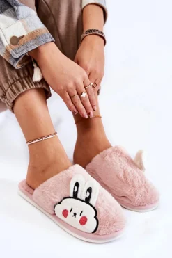 Damskie Futrzane Papcie Z Królikiem Różowe Trisha