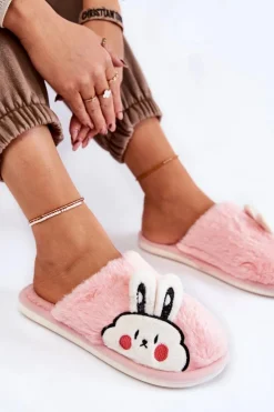 Damskie Futrzane Papcie Z Królikiem Jasnoróżowe Trisha