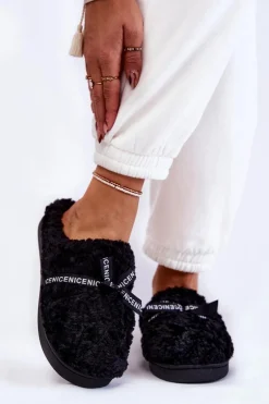 Damskie Futrzane Papcie Z Kokardką Czarne Ryana