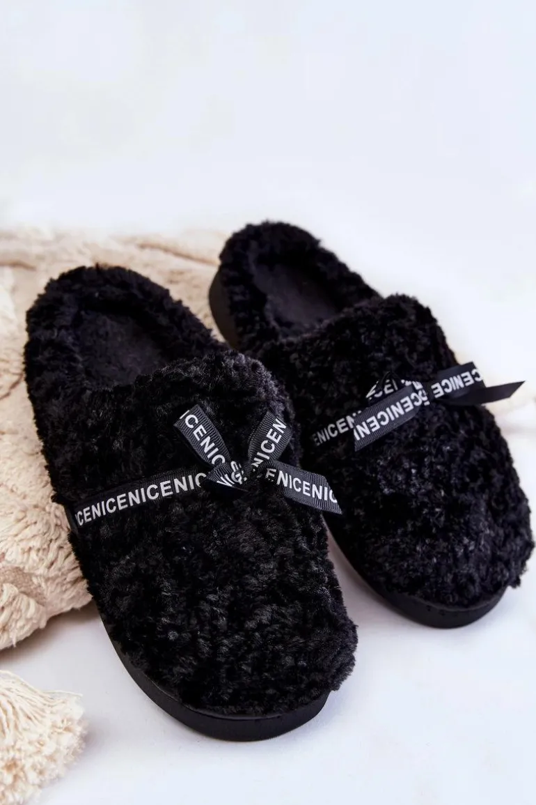 Damskie Futrzane Papcie Z Kokardką Czarne Ryana