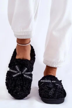 Damskie Futrzane Papcie Z Kokardką Czarne Ryana