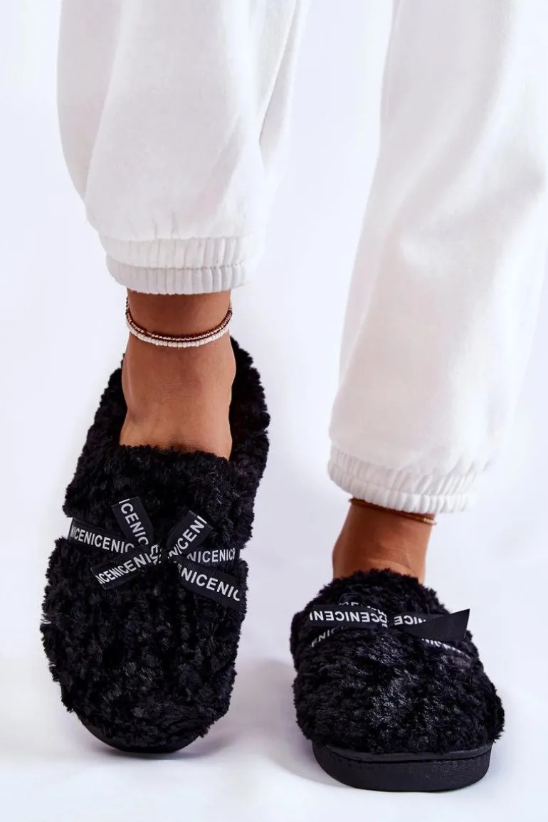 Damskie Futrzane Papcie Z Kokardką Czarne Ryana