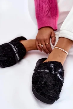 Damskie Futrzane Papcie Z Kokardką Czarne Ryana