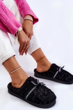 Damskie Futrzane Papcie Z Kokardką Czarne Ryana