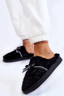 Damskie Futrzane Papcie Z Kokardką Czarne Ryana