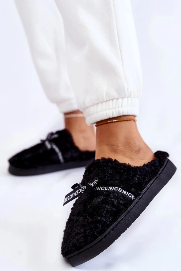 Damskie Futrzane Papcie Z Kokardką Czarne Ryana