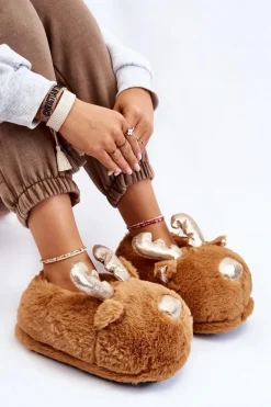 Damskie Futrzane Wsuwane Papcie Renifery Jasnobrązowe Comet