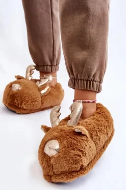 Damskie Futrzane Wsuwane Papcie Renifery Jasnobrązowe Comet