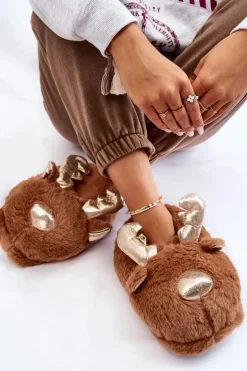 Damskie Futrzane Wsuwane Papcie Renifery Brązowe Comet