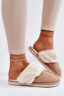 Damskie Gładkie Papcie Z Futerkiem Beżowe Morisea