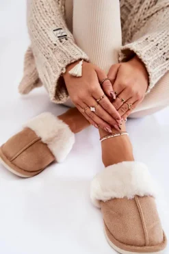 Damskie Gładkie Papcie Z Futerkiem Beżowe Morisea