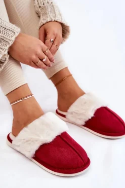 Damskie Gładkie Papcie Z Futerkiem Czerwone Morisea