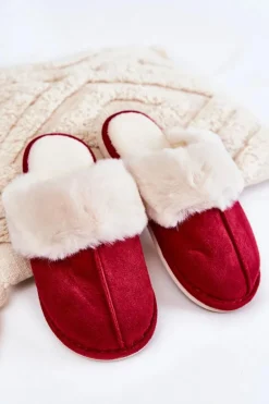 Damskie Gładkie Papcie Z Futerkiem Czerwone Morisea