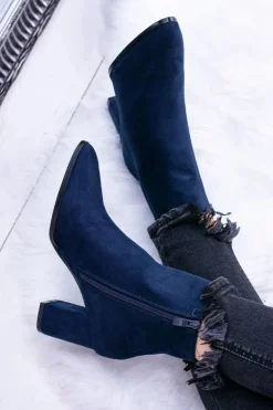 Damskie Granatowe Botki Na Słupku w Szpic Amaltea