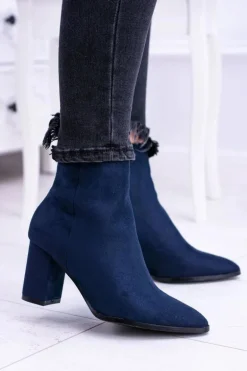 Damskie Granatowe Botki Na Słupku w Szpic Amaltea