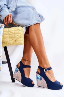 Damskie Granatowe Sandały Na Koturnie Nemesis