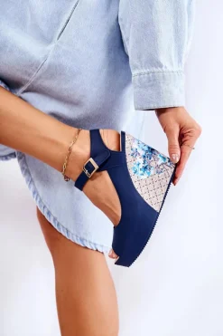 Damskie Granatowe Sandały Na Koturnie Nemesis