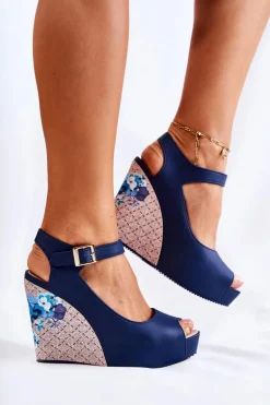 Damskie Granatowe Sandały Na Koturnie Nemesis