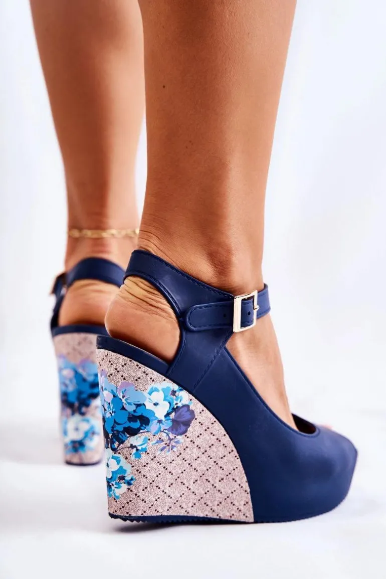 Damskie Granatowe Sandały Na Koturnie Nemesis