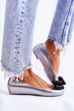 Damskie Gumowe Baleriny Z Kokardą Srebrne Florret