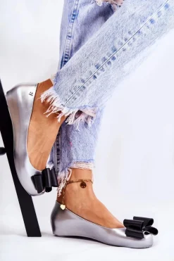 Damskie Gumowe Baleriny Z Kokardą Srebrne Florret