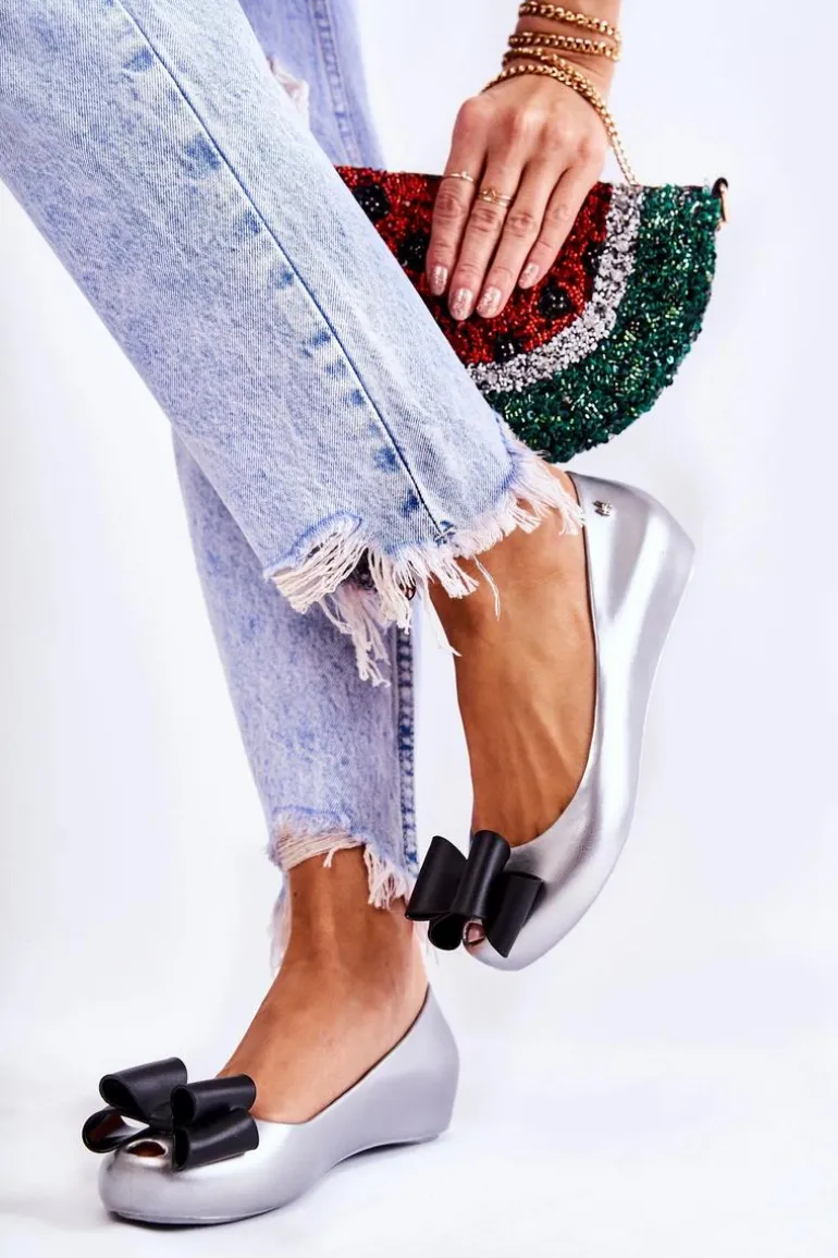 Damskie Gumowe Baleriny Z Kokardą Srebrne Florret