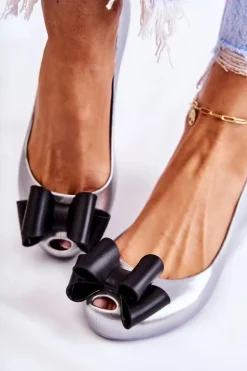 Damskie Gumowe Baleriny Z Kokardą Srebrne Florret