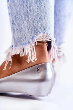 Damskie Gumowe Baleriny Z Kokardą Srebrne Florret