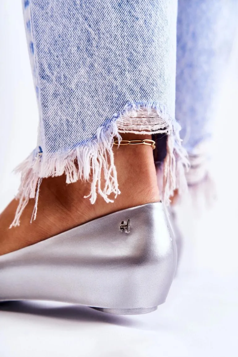 Damskie Gumowe Baleriny Z Kokardą Srebrne Florret