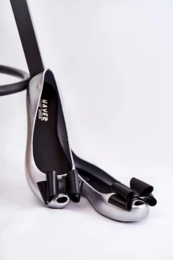 Damskie Gumowe Baleriny Z Kokardą Srebrne Florret